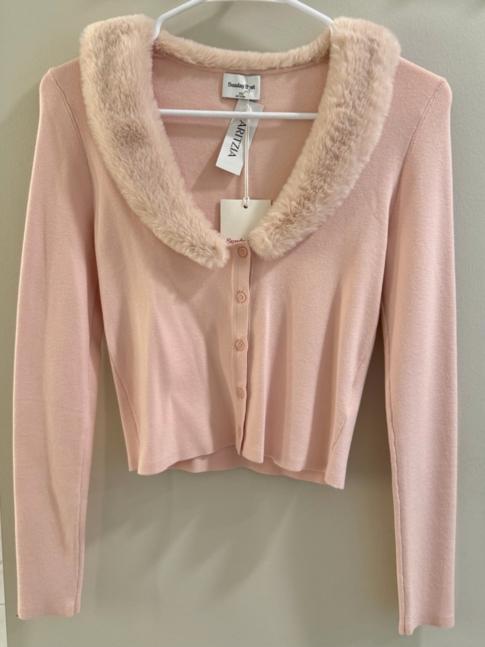 Sunday Best Pink Knit Cardigan with Faux Fur Collar